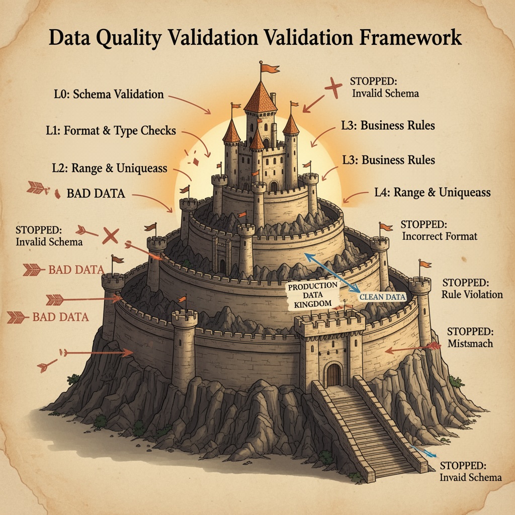 Castle defense analogy for multi-layered data validation showing L0-L4 defensive layers
